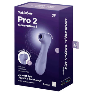 Front packaging shows the Satisfyer logos, model: Pro 2 Generation 3, image of product with "Air Pulse" printed above, a separate close up image of product's Liquid Air cap with text "liquid Air Technology + New Cap", product features: Vibration; Full silicone; Bluetooth / App; Connect App Liquid Air Technology,  product name: Double Air Pulse Vibrator, and beside the bluetooth logo, and 15 year guarantee mark. Right side of packaging shows "Double Air Pulse Vibrator".