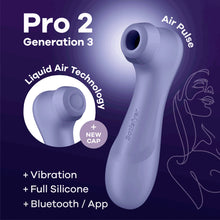 Load image into Gallery viewer, A picture of the Satisfyer Pro 2 Generation 3 Double Air Pulse Vibrator with Connect App, with Air Pulse written above it. On the top left has the product model: Pro 2 Generation 3. A circular cutout image of the close up on the product&#39;s head with the Liquid Air cap on with &quot;Liquid Air Technology + New Cap&quot; text around that image, and product features below: Vibration; Full Silicone; Bluetooth / App.