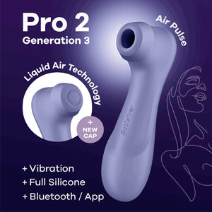 A picture of the Satisfyer Pro 2 Generation 3 Double Air Pulse Vibrator with Connect App, with Air Pulse written above it. On the top left has the product model: Pro 2 Generation 3. A circular cutout image of the close up on the product's head with the Liquid Air cap on with "Liquid Air Technology + New Cap" text around that image, and product features below: Vibration; Full Silicone; Bluetooth / App.