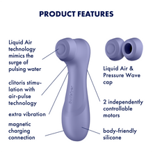 Load image into Gallery viewer, Satisfyer Pro 2 Generation 3 Double Air Pulse Vibrator Features: Liquid Air &amp; Pressure Wave cap (with 2 caps above); 2 independently controllable motors (pointing to product&#39;s back); Body-Friendly silicone (Pointing at material); Magnetic charging connection (pointing at bottom); Extra vibration (Pointing at product&#39;s upper side); clitoris stimulation with air-pulse technology (pointing at product&#39;s head); Liquid Air technology mimics the surge of pulsing water (Pointing at the cap).