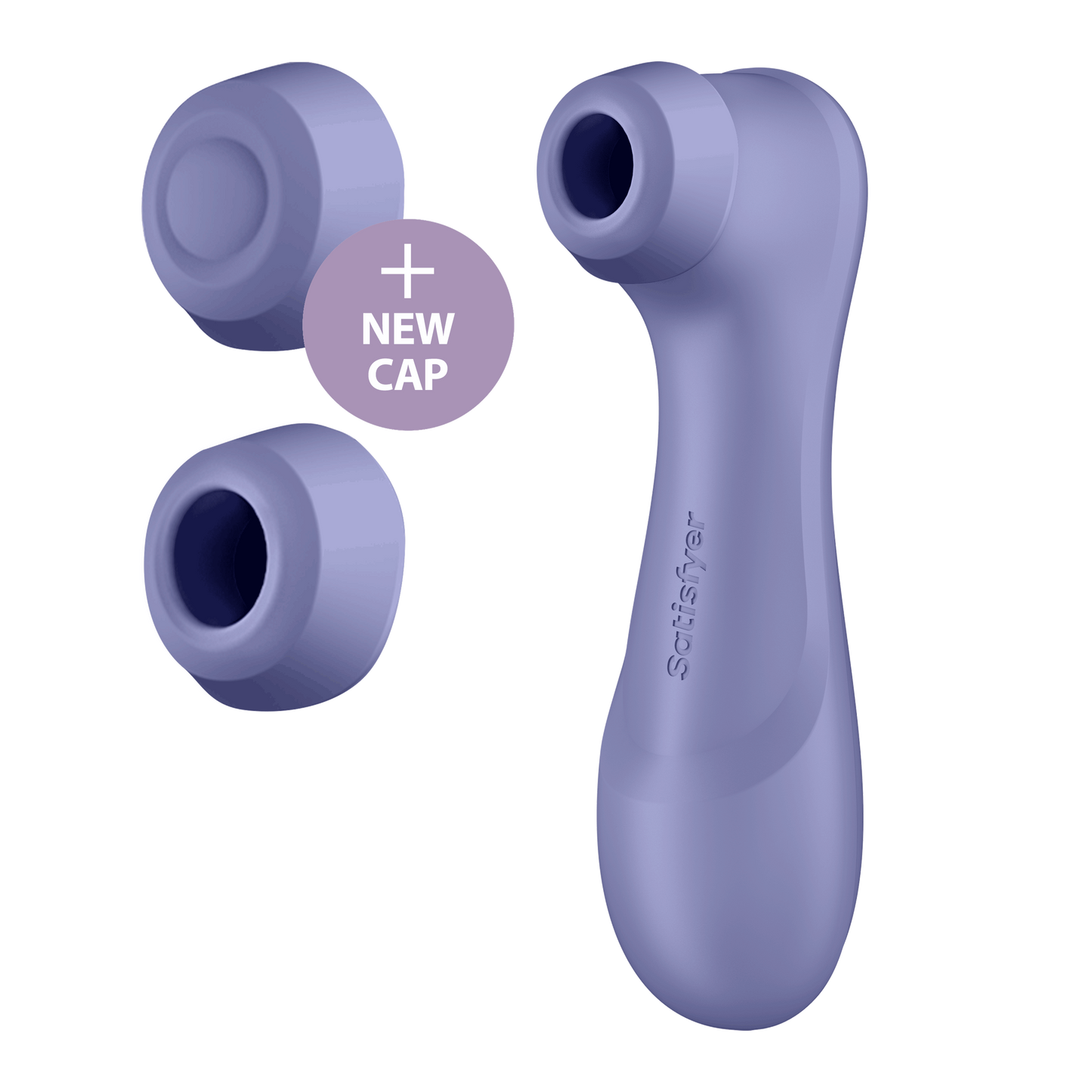 An image of the 2 caps, with the Liquid Air cap has a + New Cap written to the lower side of it, and the front side view of the Satisfyer Pro 2 Generation 3 Double Air Pulse Vibrator.