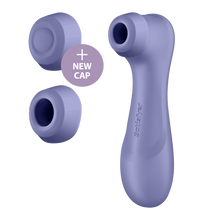 Load image into Gallery viewer, An image of the 2 caps, with the Liquid Air cap has a + New Cap written to the lower side of it, and the front side view of the Satisfyer Pro 2 Generation 3 Double Air Pulse Vibrator.