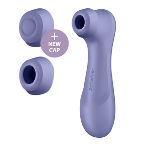 An image of the 2 caps, with the Liquid Air cap has a + New Cap written to the lower side of it, and the front side view of the Satisfyer Pro 2 Generation 3 Double Air Pulse Vibrator.