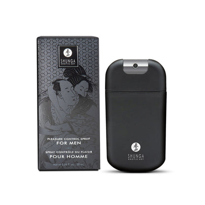 SHUNGA Pleasure Control Spray for Men pocket atomiser shown upright beside its Japanese art retail packaging box.