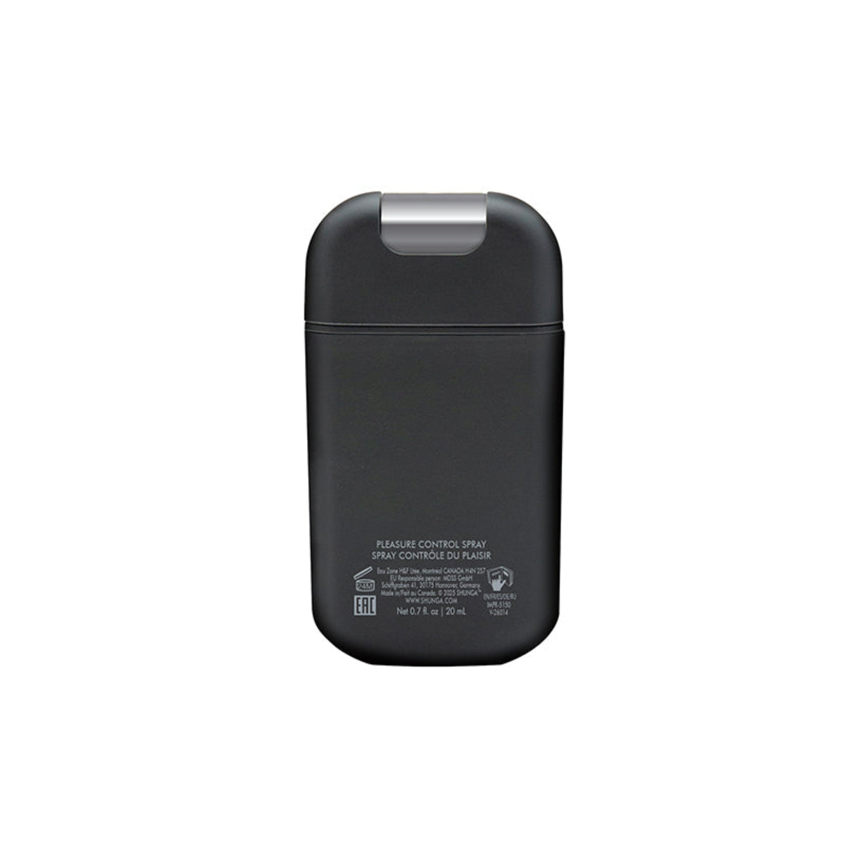 Rear view of the compact 20 ml SHUNGA Pleasure Control Spray matte black pocket dispenser displaying Canadian manufacturer details.