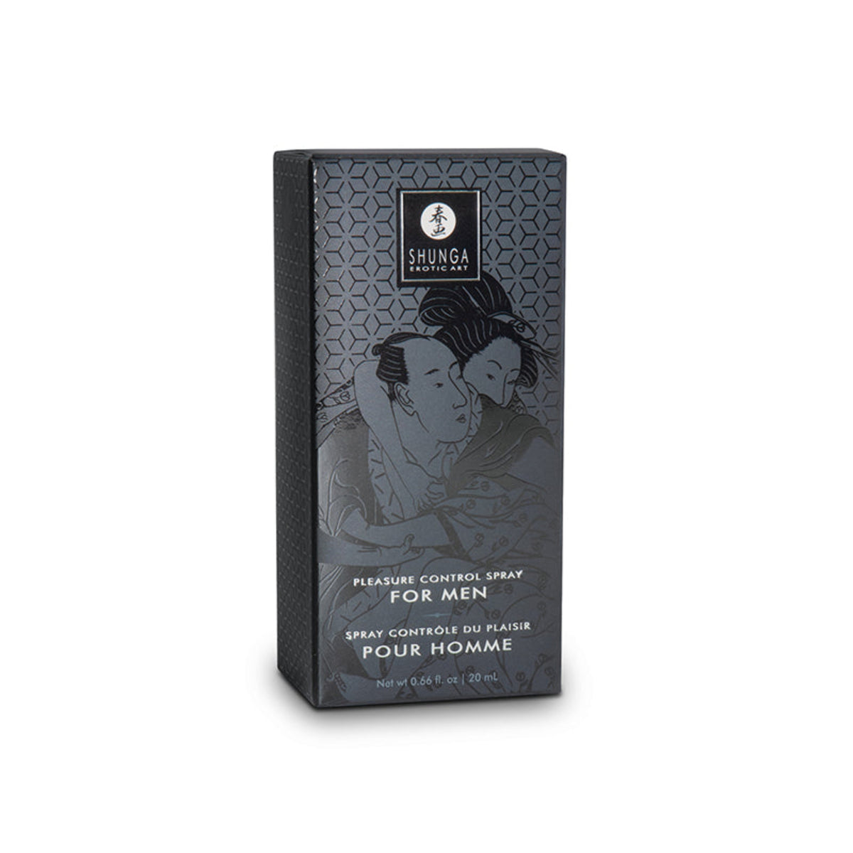 SHUNGA Pleasure Control Spray for Men 20 ml / 0.66 oz retail packaging box featuring Japanese erotic artwork and stamina delay spray branding.