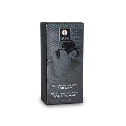 SHUNGA Pleasure Control Spray for Men 20 ml / 0.66 oz retail packaging box featuring Japanese erotic artwork and stamina delay spray branding.
