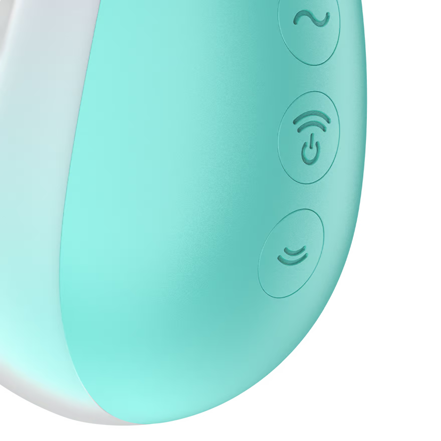 Close up at the 3 control buttons of the Satisfyer Pixie Dust Touch-Free Clitoral Stimulation Double Air Pulse Vibrator.