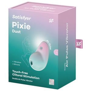 On the front of the product packaging are the Satisfyer logos, product name: Pixie Dust, and image of the product with "Air Pulse" written above, product features: Vibration; Silicone, "Touch-Free Clitoral Stimulation Double Air Pulse Vibrator", and 15 year guarantee stamp on the bottom right. On the right side of the packaging "Double Air Pulse Vibrator is written across, and a tag sticking out from the side with the SF logo.