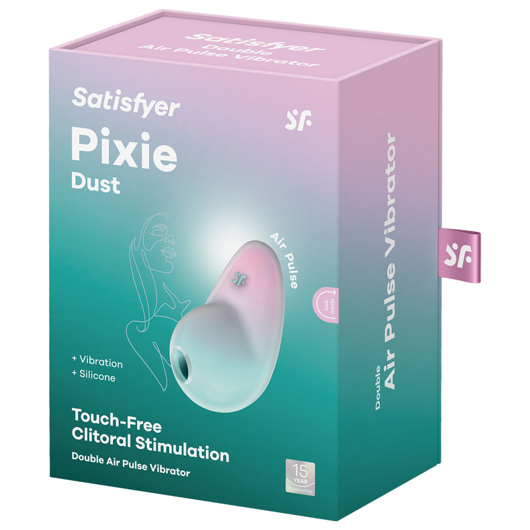 On the front of the product packaging are the Satisfyer logos, product name: Pixie Dust, and image of the product with 