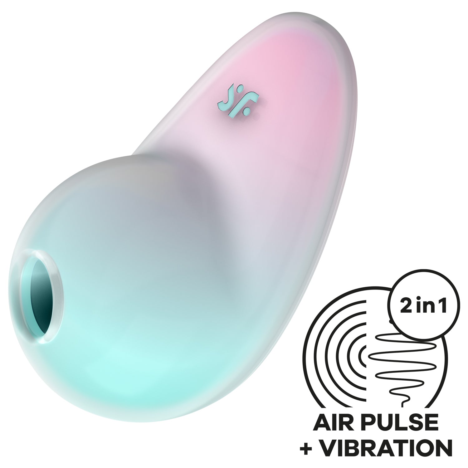 Front side of the Satisfyer Pixie Dust Touch-Free Clitoral Stimulation Double Air Pulse Vibrator, and on the bottom right is a feature icon for 2 in 1 Air Pulse + Vibration.