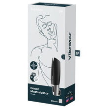 Load image into Gallery viewer, On the front of the packaging shows the Satisfyer logos, Feature icons for: Vibrations; + Free app, an image of the product, product name: Power Masturbator Vibrator, on the bottom right is the bluetooth logo, and a 15 year guarantee stamp. On the side of the packaging shows &quot;Vibrator&quot; printed, a tag with the &quot;SF&quot; logo sticking out, and &quot;Get Your free Satisfyer connect app&quot;, &quot;Download  on the Apple app store&quot;, &quot;Get it on Google Play&quot; with smart devices below.
