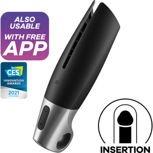 Front side view of the Satisfyer Power Masturbator Vibrator. On the right of the image "Also usable with free app", and below "CES Innovation Awards 2021 honoree" stamp. At the bottom right corner is an icon for "insertion".