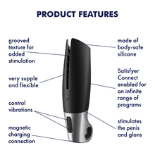 Load image into Gallery viewer, Satisfyer Power Masturbator Vibrator product features: Made of body-safe silicone (pointing at product&#39;s upper material); Satisfyer Connect enabled for an infinite range of programs (pointing at product&#39;s side); stimulates the penis and glans (pointing at product&#39;s side); Magnetic charging connection (pointing to product&#39;s bottom); Control vibrations (pointing at control buttons); Very supple and flexible (Pointing at the flaps); Grooved textured for added stimulation (pointing inside the shaft).