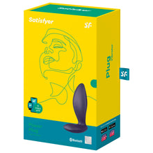 Load image into Gallery viewer, On the front of packaging are the Satisfyer logos, +Free App with a Smartwatch beside a smartphone, an image of the Plug to the right, product name: Power Plug Plug Vibrator, the bluetooth logo, and 15 year guarantee stamp on the bottom right. On the right side shows &quot;Plug Vibrator&quot;, tag with &quot;SF&quot; logo sticking out, &quot;Get your free Satisfyer Connect app&quot;, &quot;Download on the Apple store&quot;, &quot;Get it on Google Play&quot;, and smart devices below.