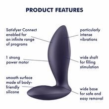 Load image into Gallery viewer, Satisfyer Power Plug Vibrator Product features: Particularly intense vibrations (pointing product&#39;s upper area); Wide shaft for filling stimulation (Pointing to the side of product); wide base for safe and easy removal (Pointing to the base); smooth surface made of body-friendly silicone (Pointing to the material); 1 strong power motor (Pointing to product&#39;s middle area); Satisfyer Connect enabled for an infinite range of programs (pointing to product&#39;s upper area).