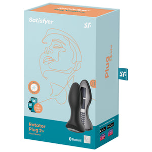 On the front of the packaging are the Satisfyer logos, Product feature icons for: Rotating; + Free App, an Image of the product cut in half showing inside the plug, product name: Rotator Plug 2+ Plug Vibrator, on the right is the bluetooth logo, and 15 year guarantee mark. On the right side of packaging "plug Vibrator" printed across, a tag with the "SF" logo sticking out, below "Get your free Satisfyer connect app", "Download it on Apple APP Store" & "Get it on Google Play", and smart devices below.
