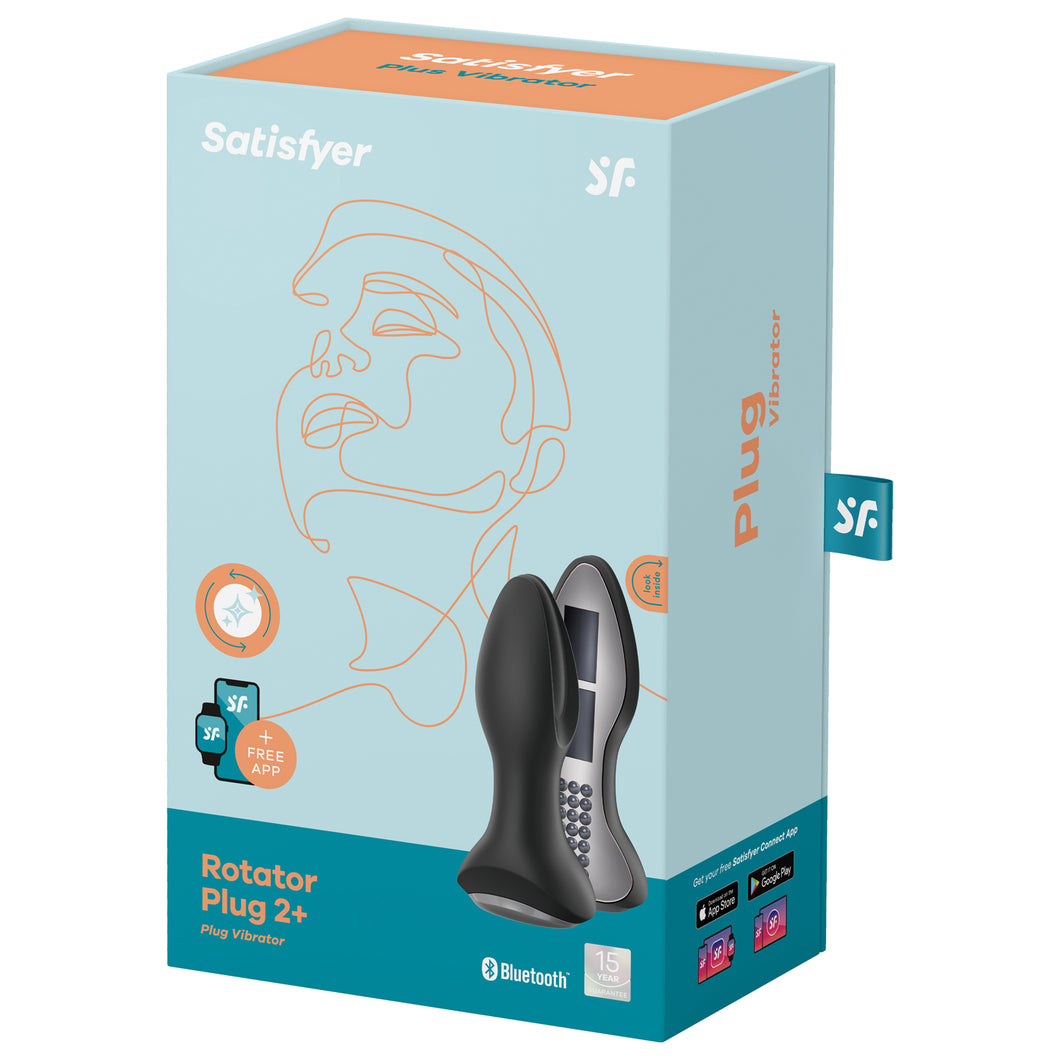 On the front of the packaging are the Satisfyer logos, Product feature icons for: Rotating; + Free App, an Image of the product cut in half showing inside the plug, product name: Rotator Plug 2+ Plug Vibrator, on the right is the bluetooth logo, and 15 year guarantee mark. On the right side of packaging 