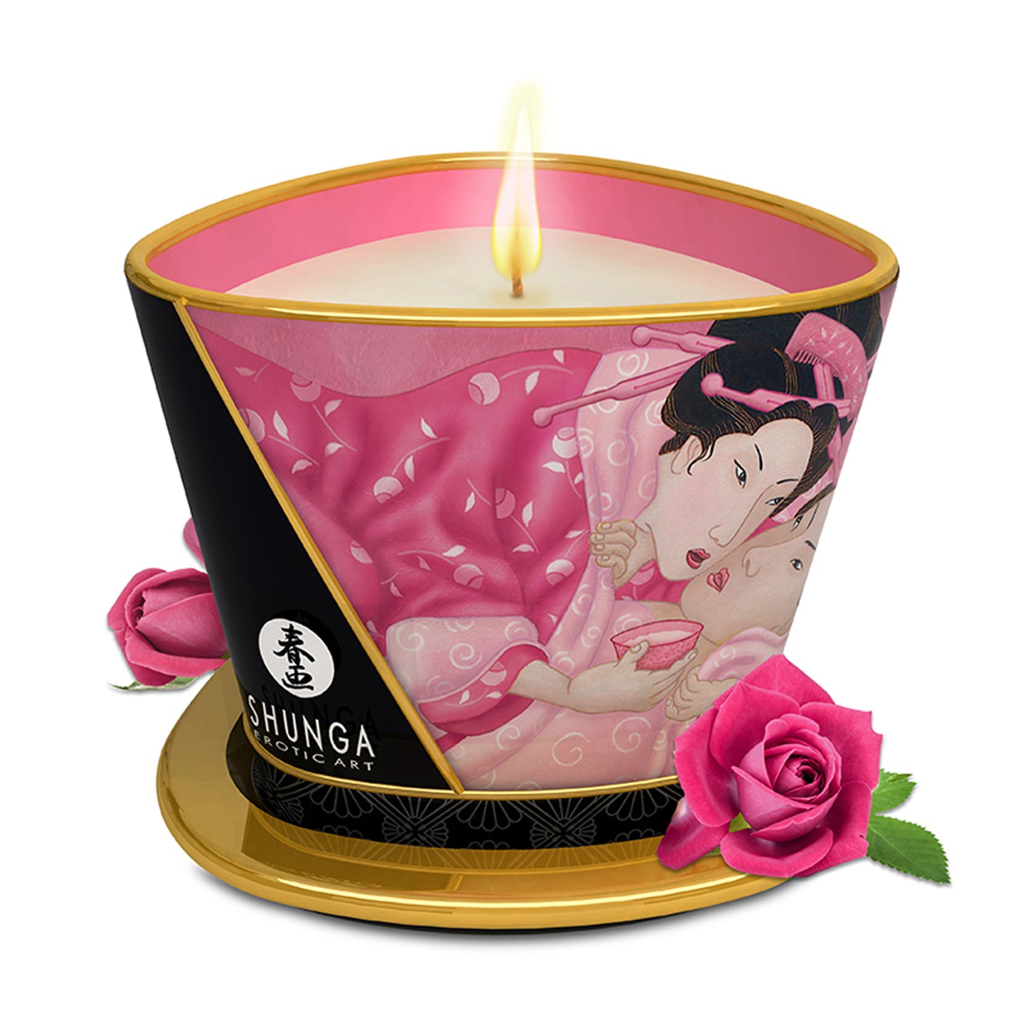 SHUNGA 170ml Rose Petals massage candle in a luxury gold-rimmed jar with romantic pink erotic art and fresh rose blossoms.