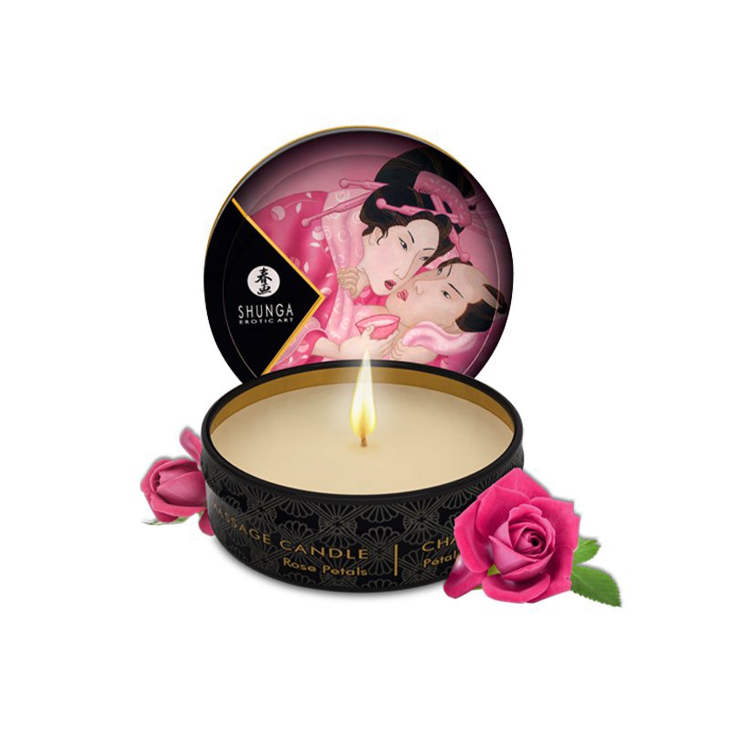 SHUNGA 30ml Rose Petals massage candle in a travel tin with pink Japanese-inspired artwork and two vibrant pink roses.