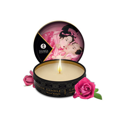 SHUNGA 30ml Rose Petals massage candle in a travel tin with pink Japanese-inspired artwork and two vibrant pink roses.
