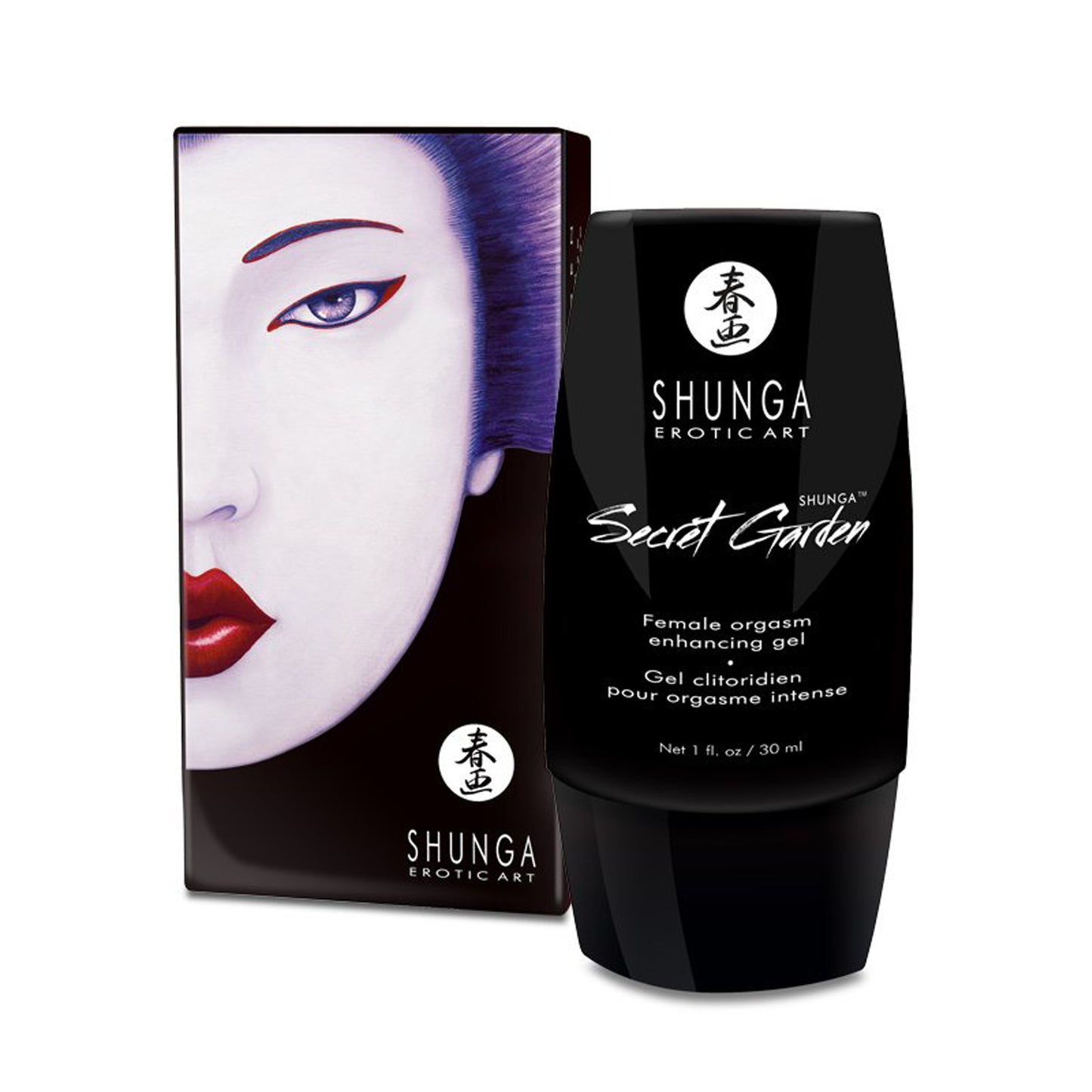 Shunga Secret Garden female orgasm enhancing gel with packaging on a white background