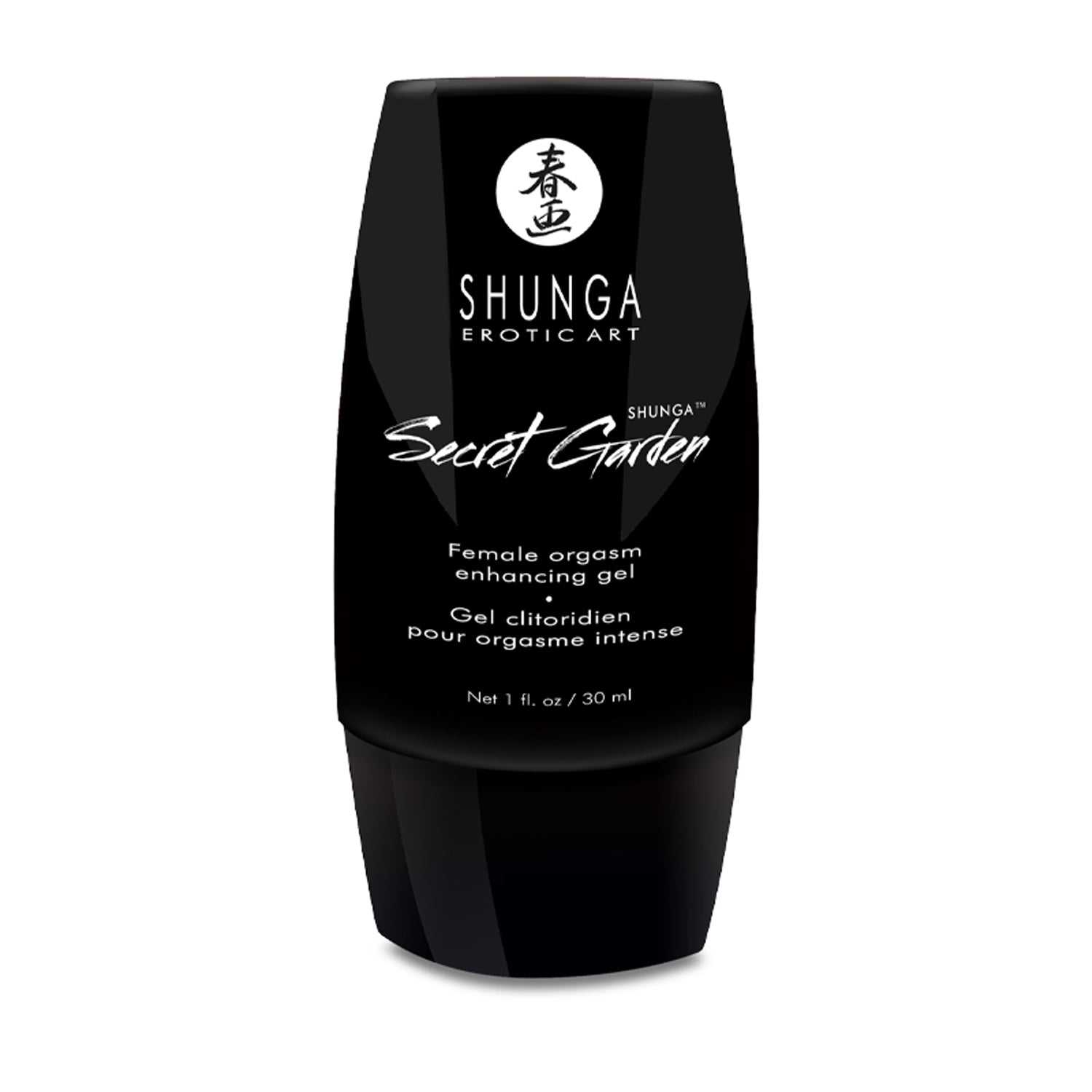 Black Shunga Secret Garden female orgasm enhancing gel container on a white background