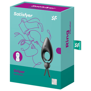On the front of the packaging are the Satisfyer logos, an image of the product, product name: Sniper Ring vibrator, and a 15 year guarantee stamp. On the right side of the packaging shows "Ring vibrator" printed across, and a tag with the "SF" logo sticking out.