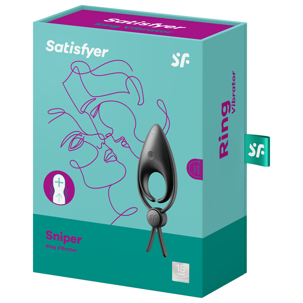 On the front of the packaging are the Satisfyer logos, an image of the product, product name: Sniper Ring vibrator, and a 15 year guarantee stamp. On the right side of the packaging shows 