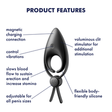 Load image into Gallery viewer, Satisfyer Sniper Ring Vibrator Features: voluminous clit stimulator for additional stimulation (pointing to the tip); Flexible body-friendly silicone (pointing at the product&#39;s material); Adjustable for all penis sizes (pointing to the straps button); slows blood flow to sustain erection and increase stamina (Pointing to the rings); Control vibrations (Pointing to power button); Magnetic charging connection (pointing to the charging port).