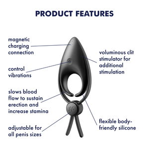 Satisfyer Sniper Ring Vibrator Features: voluminous clit stimulator for additional stimulation (pointing to the tip); Flexible body-friendly silicone (pointing at the product's material); Adjustable for all penis sizes (pointing to the straps button); slows blood flow to sustain erection and increase stamina (Pointing to the rings); Control vibrations (Pointing to power button); Magnetic charging connection (pointing to the charging port).