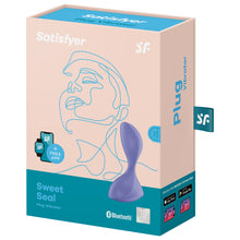 Charger l&#39;image dans la galerie, On the front of the packaging are the Satisfyer logos, on the left side are smart devices for + Free App, on the right side is an image of the product, product name: Sweet Seal Plug Vibrator, bluetooth logo and 15 year guarantee on the bottom right. On the right side of the packaging is the product name: plug vibrator, a tag with the &quot;SF&quot; logo sticking out from the side, and &quot;Get your free Satisfyer Connect app&quot;, &quot;Download on the Apple App store&quot;  &quot;Get on Google Play&quot; with compatible smart devices below&quot;.