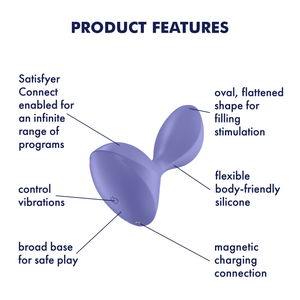 Satisfyer Sweet Seal Plug Vibrator features: oval, flattened shape for filling stimulation (pointing to the tip); Flexible body-friendly silicone (Pointing at the material); Magnetic charging connection (Pointing at the charging port at the bottom); Broad base for safe play (Pointing to the bottom); Control vibrations (Pointing to the power button at the bottom); Satisfyer Connect enabled for an infinite range of programs (pointing at the general area).