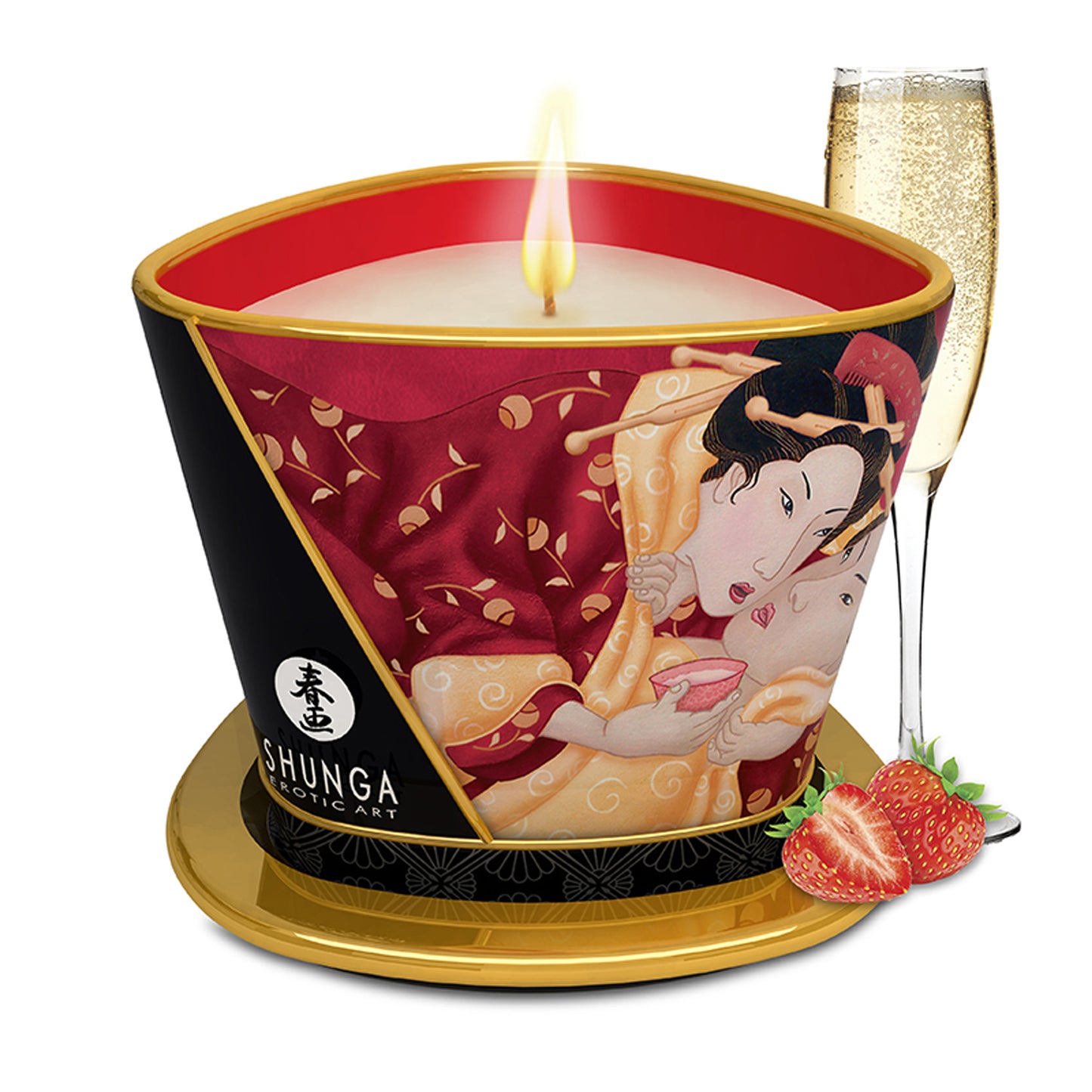 SHUNGA 170ml Sparkling Strawberry Wine massage candle in a large pour jar with elegant gold accents, strawberries, and a bubbly champagne glass.