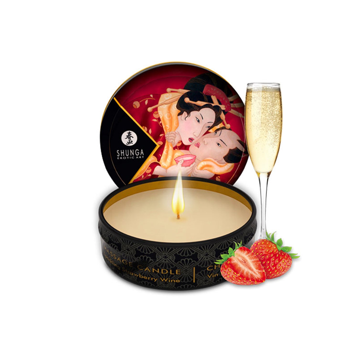 SHUNGA 30ml Sparkling Strawberry Wine massage candle tin featuring red-toned Japanese art, fresh strawberries, and a glass of champagne.