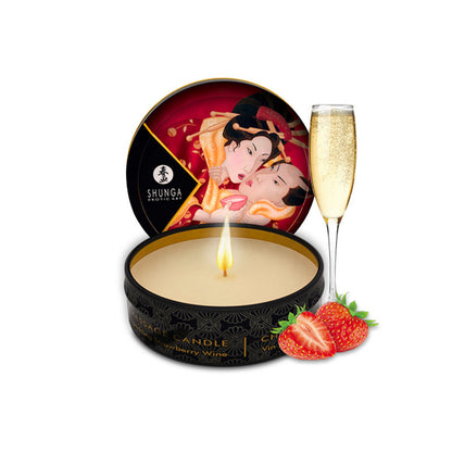 SHUNGA 30ml Sparkling Strawberry Wine massage candle tin featuring red-toned Japanese art, fresh strawberries, and a glass of champagne.
