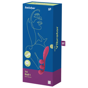 On the front of the packaging are the Satisfyer logos, product feature icons for 3 stimulating pleasure spots; 3 independent motors, on the right side is the product, product name: Tri Ball 1 Multi Vibrstors, and on the bottom right is the 15 year guarantee mark. On the right side of the packaging shows Multi Vibrator printed across, and a tag sticking out from the back with the SF logo on it.