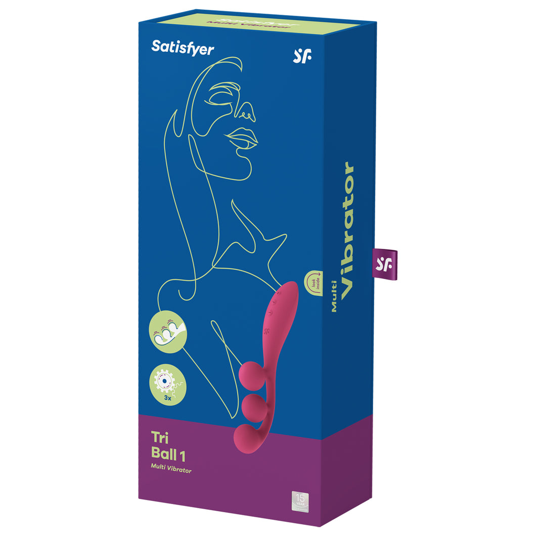On the front of the packaging are the Satisfyer logos, product feature icons for 3 stimulating pleasure spots; 3 independent motors, on the right side is the product, product name: Tri Ball 1 Multi Vibrstors, and on the bottom right is the 15 year guarantee mark. On the right side of the packaging shows Multi Vibrator printed across, and a tag sticking out from the back with the SF logo on it.