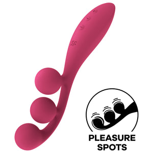 Front right side of the Satisfyer Tri Ball 1 Multi Vibrator, and on the bottom right is an icon for pleasure spots.