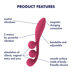 Satisfyer Tri Ball 1 Multi Vibrator Features: Magentic charging connection (pointing to the back of handle); bendable and adjustable (pointing above the handle); smooth surface • made of body-friendly silicone (pointing to the material at the pleasure spots); stimulation of clitoris, vaginal entry and anus (pointing at the 3 pleasure spots); 3 motors for powerful vibration (pointing to the front); Control vibrations (pointing to controls on the handle).