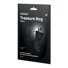 Load image into Gallery viewer, On the packaging are the Satisfyer logos, product name: Treasure Bag, Size L, an image of the Toy Bag with an adult Toy sticking out from the top, product features: Soft Material; Discreet, The Perfect Home for your Precious Possessions Toy Bag.