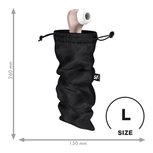 An image of the Satisfyer Treasure Toy Bags with Pro 2 Clitoral Stimulator sticking out from the top, and on the bottom right is an icon for Large Size. On the perimeter of the image are arrows showing the measurements of the product length: 260 millimetres / Width 150 millimetres.
