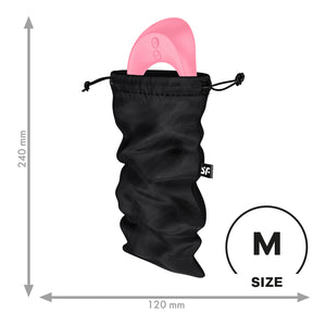 An image of the Satisfyer Treasure Toy Bags with a Multi Vibrator sticking out from the top, and on the bottom right is an icon for Medium Size. On the perimeter of the image are arrows showing the measurements of the product length: 240 millimetres / Width 120 millimetres.