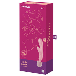 On the front of the packaging are the Satisfyer logos, on the left is a feature icon for: 2 in 1 Wand + Rabbit, an image of the product, product name: Triple Lover Hybrid Vibrator, and 15 year guarantee mark. On the right side of package "Hybrid Vibrator" is printed across, and a tag with the "SF" logo sticking out.