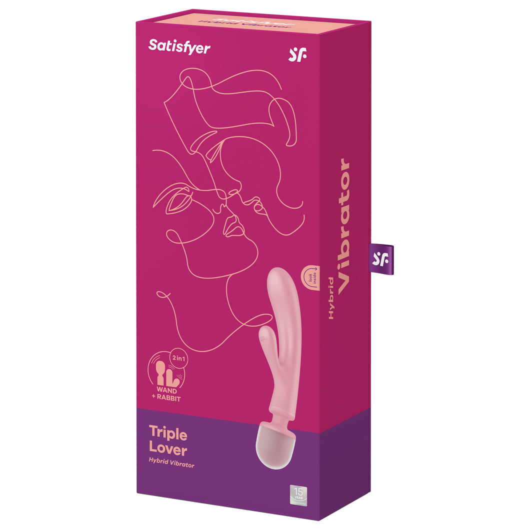 On the front of the packaging are the Satisfyer logos, on the left is a feature icon for: 2 in 1 Wand + Rabbit, an image of the product, product name: Triple Lover Hybrid Vibrator, and 15 year guarantee mark. On the right side of package 