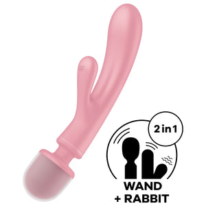 On the image is the atisfyer Triple Lover Hybrid Vibrator, and a feature icon for: 2 in 1 Wand + Rabbit. 
