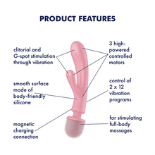 Load image into Gallery viewer, Satisfyer Triple Lover Hybrid Vibrator Features: 3 high-powered controlled motors (pointing to location of the motors); control of 2 × 12 vibration programs (pointing to the control&#39;s at the back); For stimulating full-body massages (pointing to the Wand end); Magnetic charging connection (Pointing to the charging port at the back); smooth surface made of body-friendly silicone (Pointing to the surface material); clitorial and G-spot stimulation through vibration (pointing to the Rabbit Vibrator end).