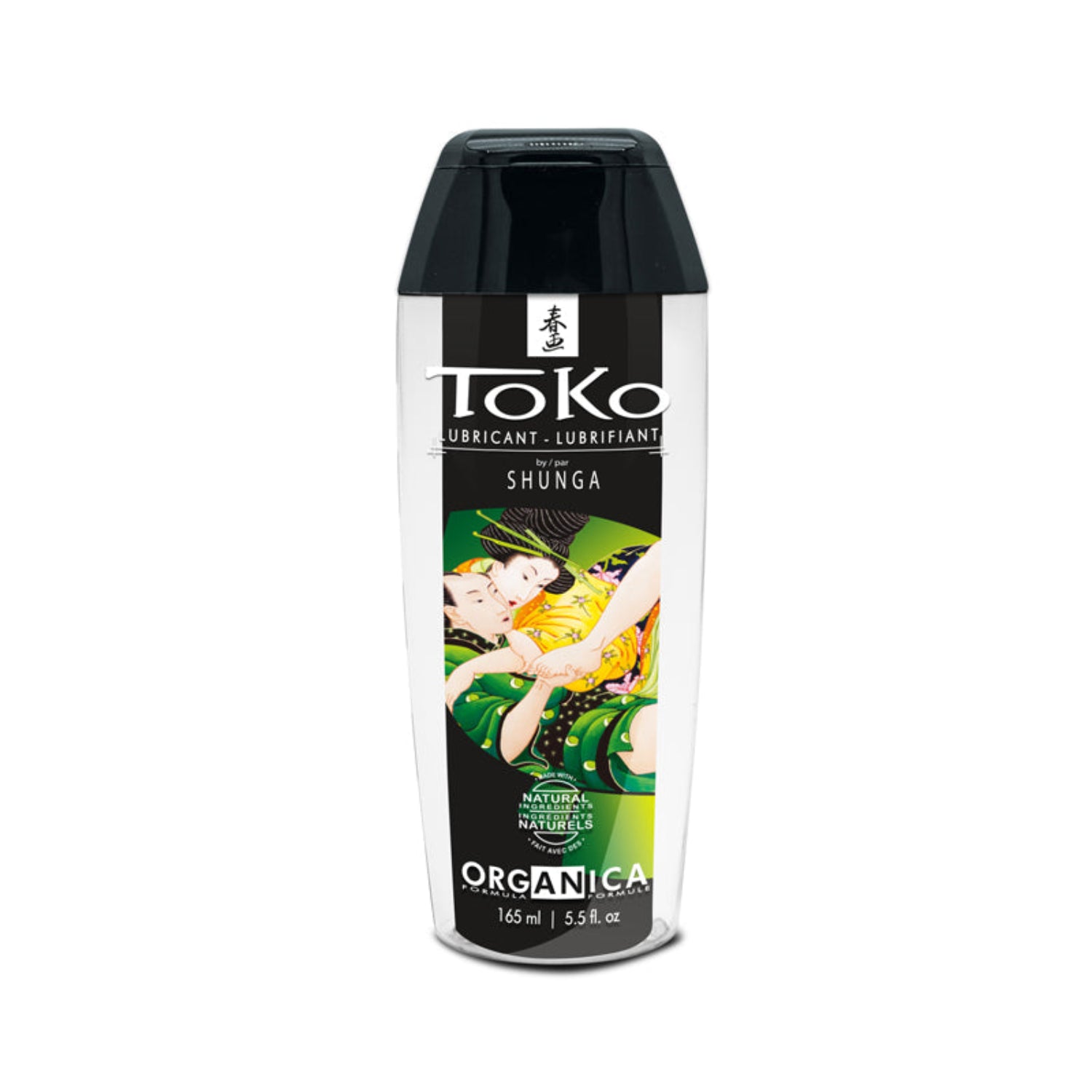 SHUNGA TOKO Organica water-based personal lubricant bottle (165 ml / 5.5 fl. oz) featuring a black flip-top cap and a label with traditional Japanese Shunga artwork, highlighting its 100% natural, silky-smooth formula for sensitive skin.