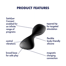 Load image into Gallery viewer, Satisfyer Trendsetter Plug Vibrator Features: Tapered tip for targeted stimulation (pointing to the product&#39;s tip); Flexible body-friendly silicone (pointing at the material); Magnetic charging connection (pointing at the charging port); Broad base for safe play (pointing at the base); Control vibrations (Pointing to the power button); Satisfyer Connect enabled for an infinite range of programs (pointing at the general area).