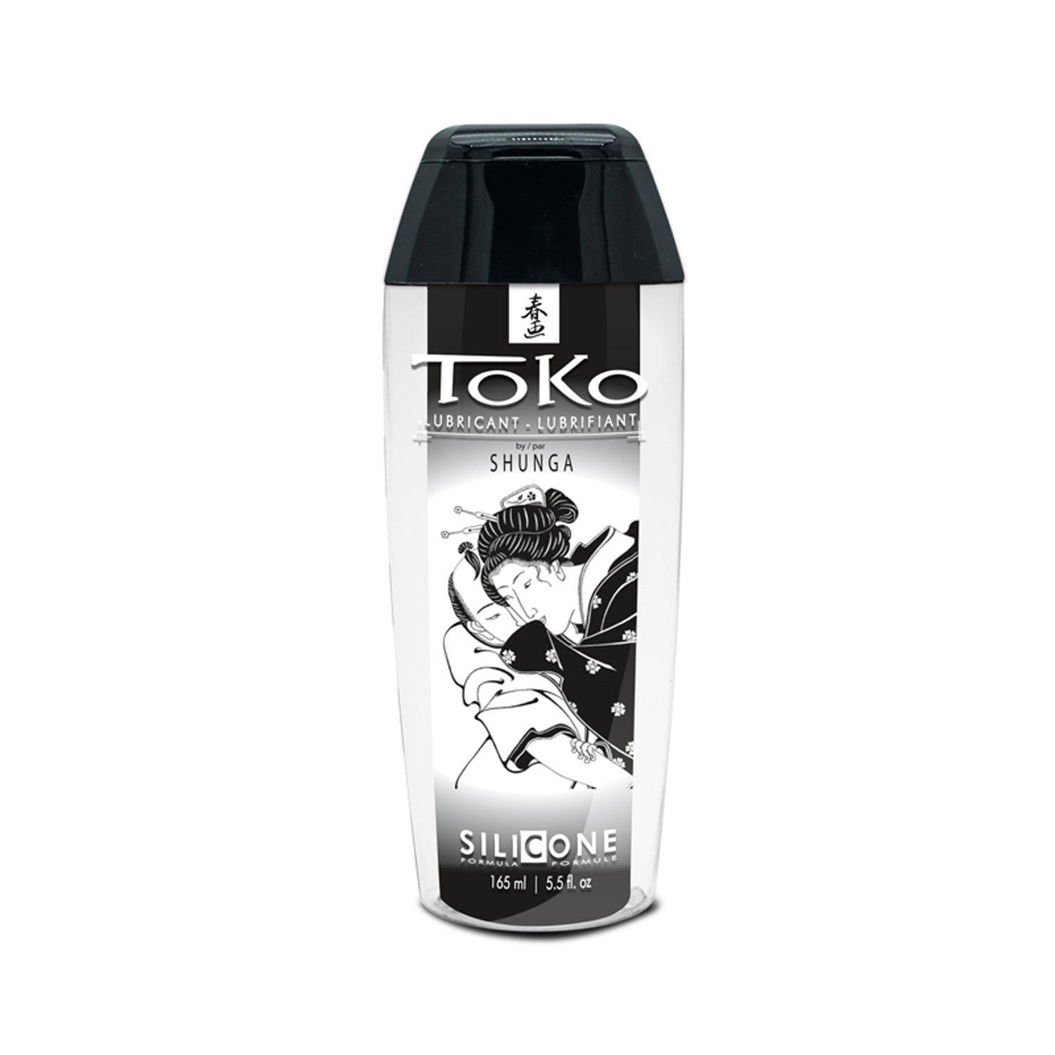 A 165 ml / 505 oz bottle of SHUNGA Toko Silicone Lubricant featuring elegant black and white Japanese-inspired erotic art on a sleek, ergonomic clear bottle with a black flip-top cap.